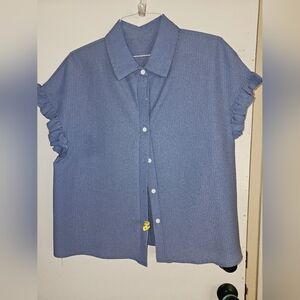 Blue Ruffle Sleeve Button-Up Top